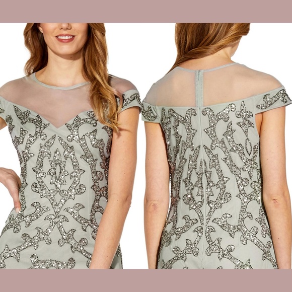 NWT Adrianna Papell‎ [ 8 ] Sequined Beaded Sheath Dress in Frosted Sage - Picture 2 of 12